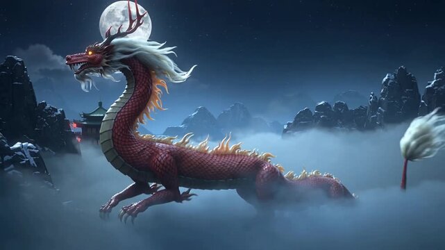 Rising mist revealing large red Eastern dragon emerging under full moon over pagoda red lanterns