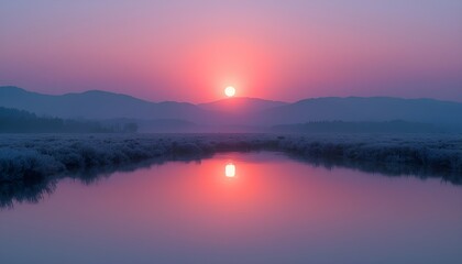 Obraz premium Serene sunrise over misty landscape with reflection in water