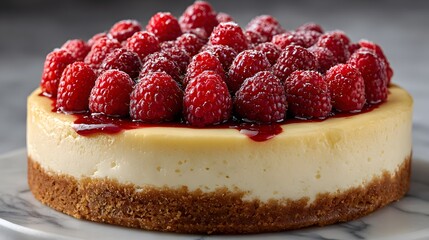 Whole classic New York cheesecake topped with neat rows of fresh raspberries on a light grey marble background with professional styling.