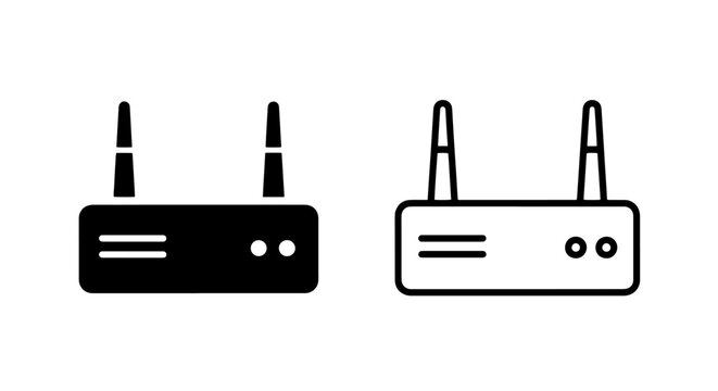 Router icon in solid black and outline with antennas and lights, signifying network and internet connectivity