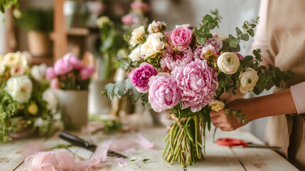 Professional florist hands creating a beautiful flower bouquet with fresh peonies and eucalyptus in a creative floral design studio