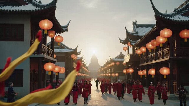 Entering from left golden dragon puppet sweeping across lanterned street, leading red-robed parade