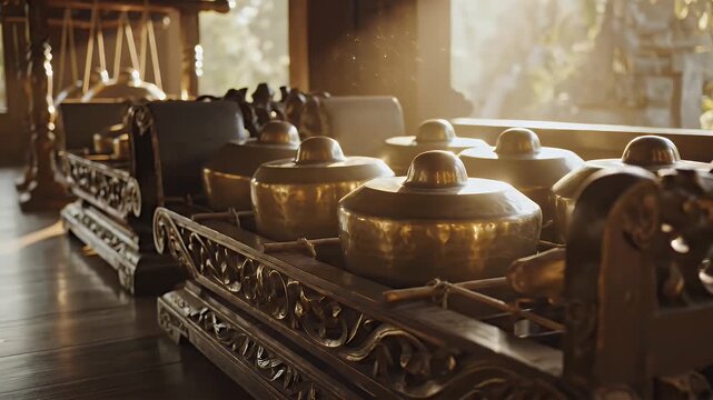 Gamelan Ensemble Instruments in a Wooden Building with Gamelan Orchestra Culture and Traditional Music Performance Art