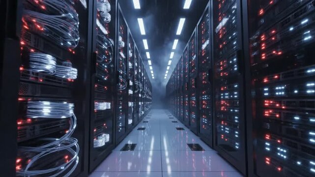 Rows of blinking server racks and cables in a dimly lit data center corridor, signifying technology and networking infrastructure