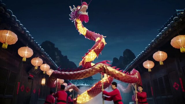 Running red-clad men lifting poles moving dragon on narrow night lane as head leaping, smoke rising
