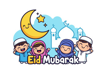 Fototapeta premium Cute Children Eid Mubarak Cartoon Celebration Illustration