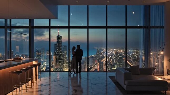 Couple silhouetted against stunning panoramic city skyline at dusk from a luxurious penthouse apartment