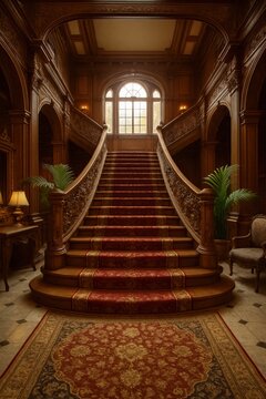 An opulent staircase in a rich, wood-paneled home. The red carpet and arched window suggest wealth and classic design, perfect for luxury real estate or historical concepts.