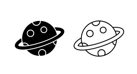 Icons: Black and White Silhouette of a Ringed Planet with Circles, Flat Vector Style © MdDelowar