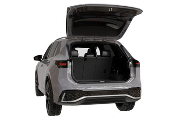 Modern gray SUV, rear view, with its tailgate open. The spacious, empty cargo area and rear passenger seats are visible, emphasizing practicality and storage © omkuhh