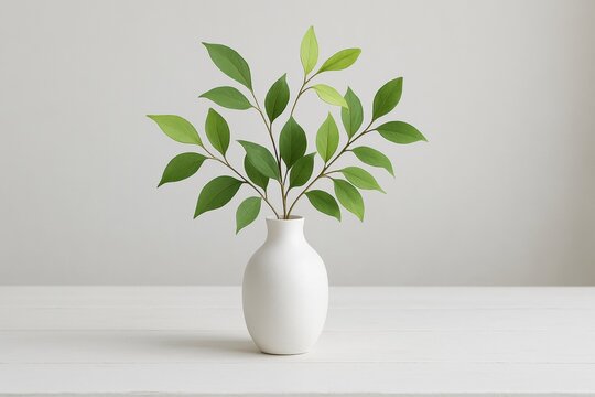 Simple still life of fresh green leaves in a white vase, on a white wooden table against a light background. Useful for wellness, lifestyle or nature concepts.