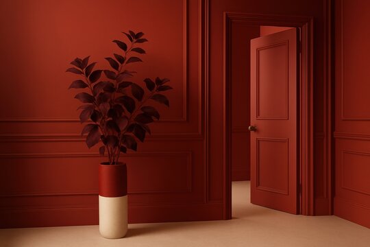 Rich red monochromatic room with open door and plant in pot. Elegant, minimalist style perfect for backgrounds, concepts, and interior design or real estate projects.