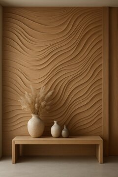 Neutral interior featuring a wooden panel wall, vases, and dried pampas grass. Ideal for interior design, architecture, or home decor projects. Calm, organic and modern aesthetic.