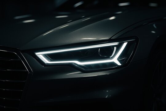 Close-up shot of a gray car headlight showcasing modern design and bright LED lights. Suitable for automotive, tech, and transportation related marketing and advertising.