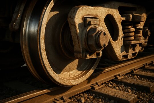 Close-up of a train wheel and suspension on railroad tracks. Perfect for industrial, transportation, or engineering related designs.