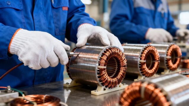 Workers assembling copper coils in factory