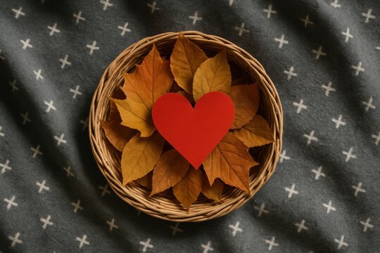 Rustic basket filled with fall leaves and a red heart. Symbolizes love, care, autumn, thanksgiving, or simple pleasures. Ideal for greeting cards, web banners, or social media posts.