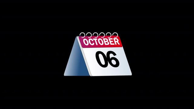 october  month Calendar animation video Flipping pages animated through days by days of the entire month. New year calendar video in transparent background in 4k animation with alpha channel