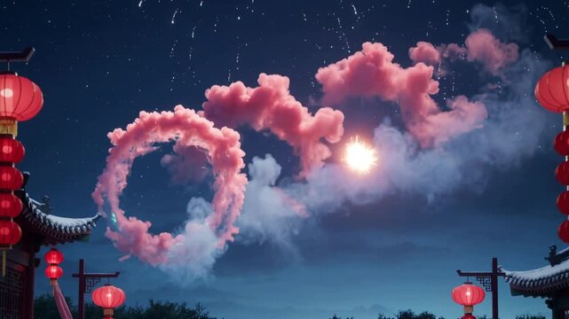 Fireworks sparking 3 pink smoke rings drifting into clouds over temple roofs and lanterns, for fest