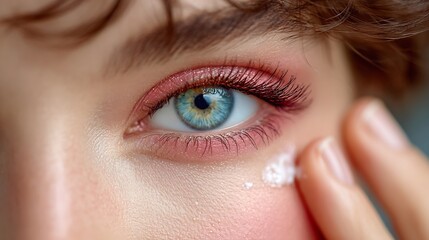 Woman Applying Eye Cream Under Blue Eye