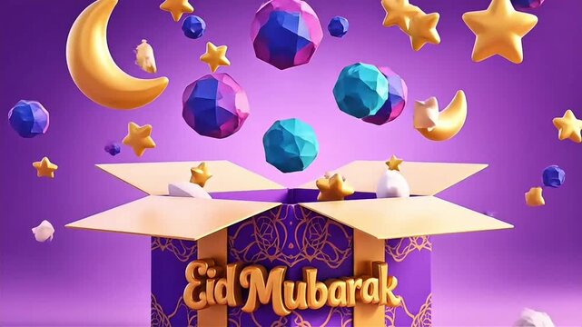 Joyful 3D animation of a colorful Eid gift box bursting open with bouncy moons, stars, and Islamic shapes in a vibrant purple and gold. Perfect for Eid Mubarak celebrations.