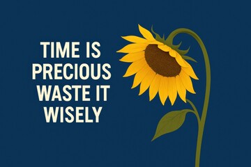 A sunflower illustration with the text "Time is precious, waste it wisely" set against a dark blue background. Ideal for time management, productivity, and inspiration themes.