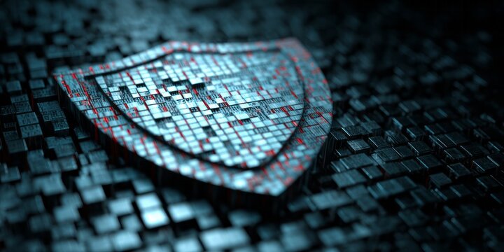 Metallic shield icon rests upon a dark, textured digital surface with glowing accents