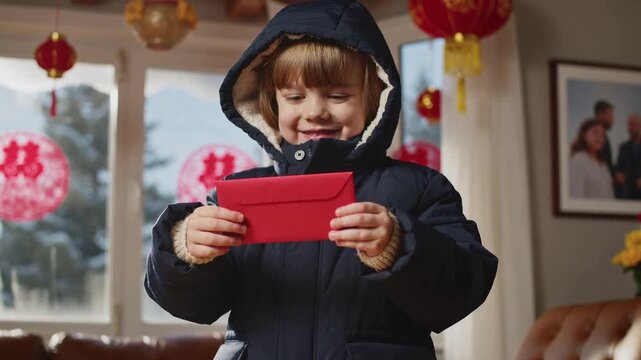 Pulling red envelope from navy coat pocket, child examining and smiling in living room for holiday