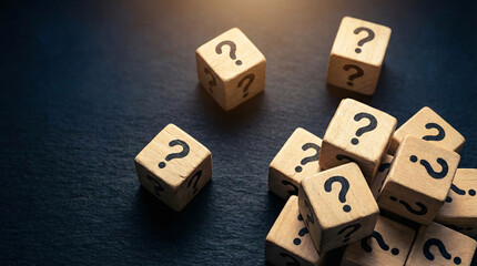 A pile of wooden blocks with question marks scattered on a dark surface