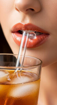 Woman uses a reusable glass straw to sip an iced beverage, focusing on the wet reflection on her mouth.