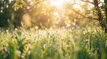 Fototapeta premium Bright sun shines through the leaves illuminating a field of tall green grass and small white wildflowers during springtime.