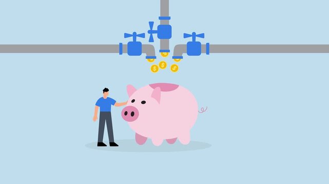 Multiple streams of income, 4k animation of rich businessman stands from pipe with many cash flows to rich piggy bank.