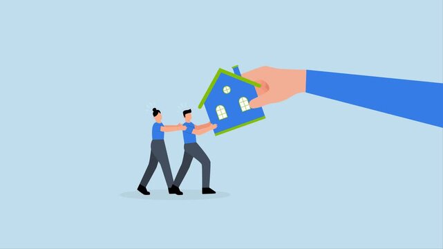 Eviction and mortgage debt, 4k animation of bankrupt man and family fight major court battle to keep their house, only to have it evicted by law.
