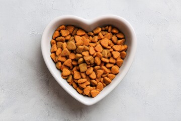Heart-shaped bowl filled with brown and orange pet food on light background