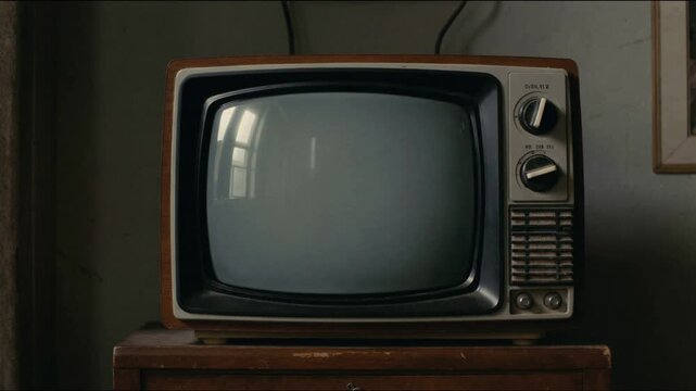 Powering on vintage CRT TV in modest room with cord, showing bright bar collapsing, signal failing