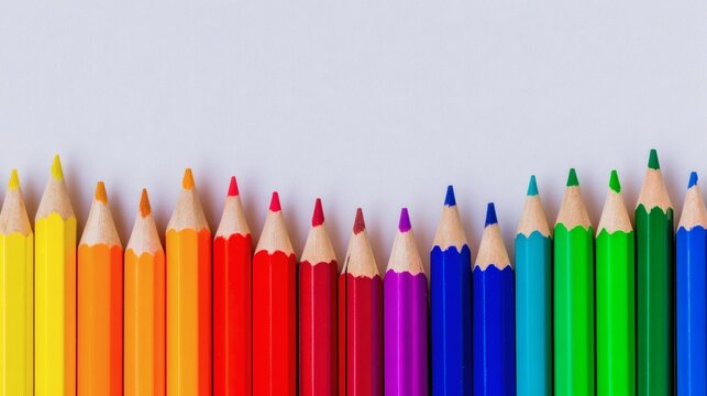 Top View of Colored Pencils Aligned in Gradient Order on Clean White Background for Creative Education Concepts