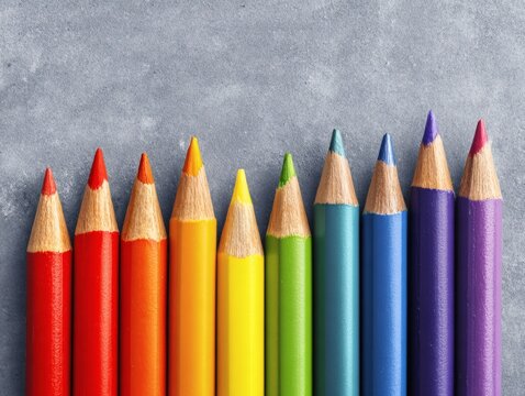 Top View of Colored Pencils Aligned in Gradient Order on Clean White Background for Creative Education Concepts