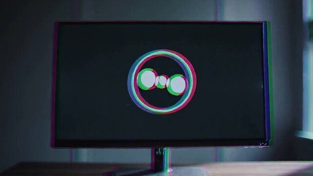 Playing animation, widescreen monitor displaying rotating three-circle logo on desk, branding