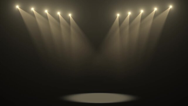 A bright stage with a softly lit circular podium and rows of warm spotlights above, creating diverging beams of light on a neutral background. Spotlights that direct beams of light downward.