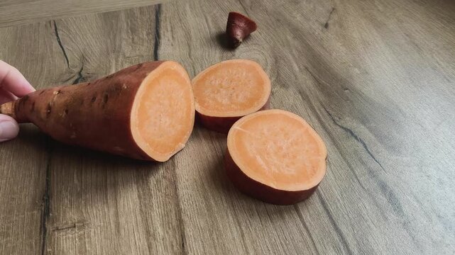 Food preparation process cutting sweet potato