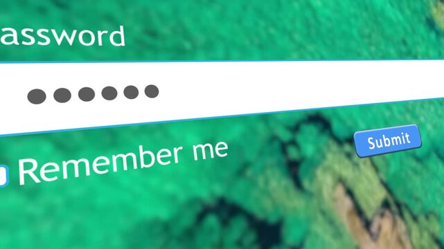 User types a password into a form box on a website using a computer. The screen shows a prompt for password and a button to submit information.
