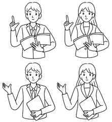 説明するビジネスマンとビジネスウーマン　線画