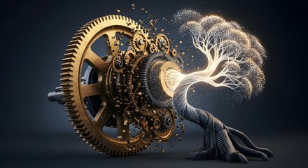 Obraz premium Mechanical gears transform into glowing tree symbolizing innovation and growth