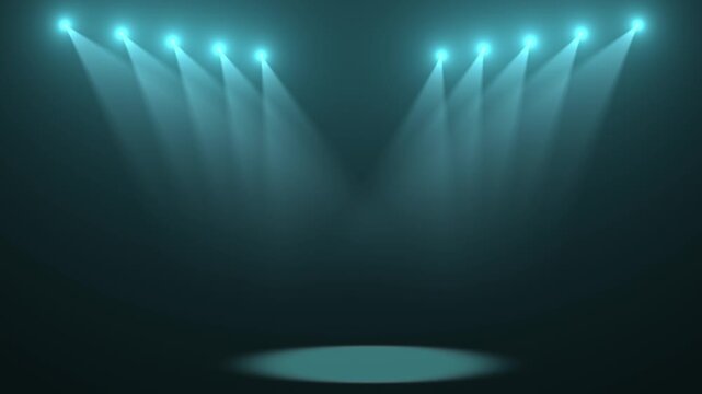 A bright stage with a lit circular podium and rows of blue spotlights from above, creating diverging beams of light on a neutral background. Spotlights that direct beams of light downward.