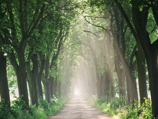 Fototapeta premium Forest Path with Sunlight Rays and Shadows through Green Trees for Peaceful Nature Landscape Photography