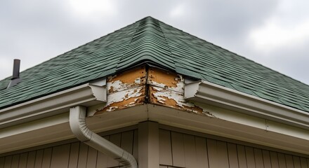 Close Up of Weathered Corner Gutter on Green Roofed House weathered paint