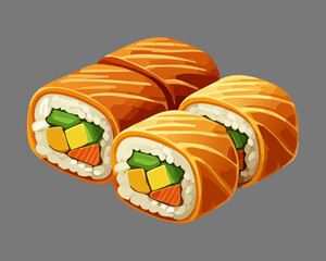 Sliced sushi rolls with salmon and vegetable filling on gray plate - Vector Illustration © powdesign