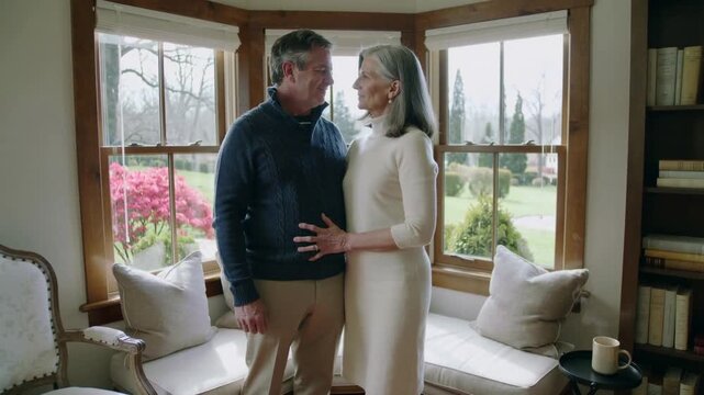 Woman placing hand on man's sweater, couple showing love home bay window, woman in cream dress