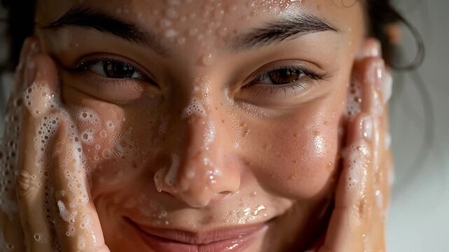Woman cleaning face using foam cleanser: skincare routine for problematic skin and dermatology. 