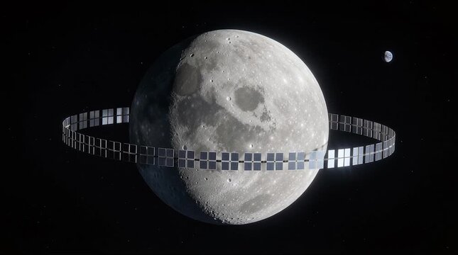 Futuristic Earth moon with artificial orbital ring of solar panels in deep space. 